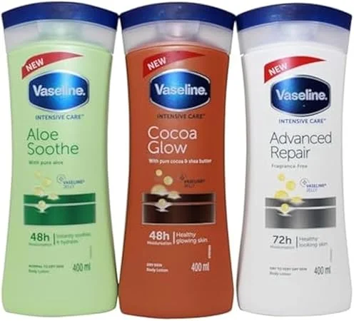 vaseline cocoa butter lotion vaseline lotion intensive care 13.5 ounce variety pack advanced repair unscented, aloe soothe, cocoa glow,
